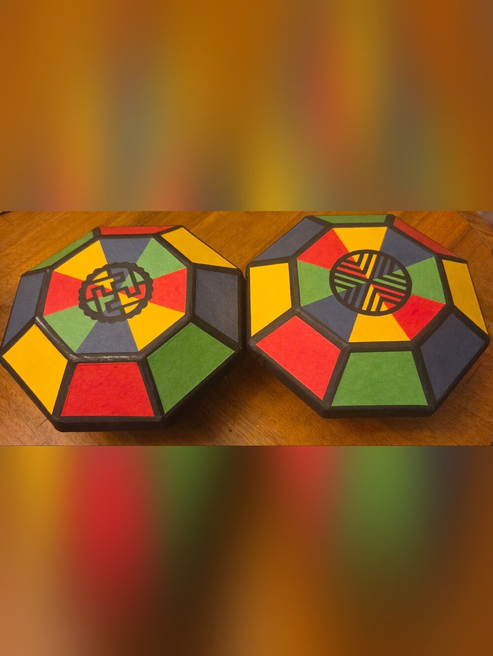 Vintage Korean Hanji Paper Boxes Pair Obangsaek Folk Art Geometric Octagonal
